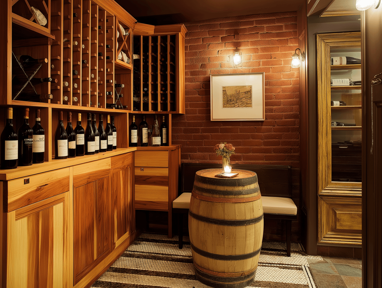 Cave à vin sur mesure avec rangement en bois, mur de brique apparente, baril décoratif et ambiance chaleureuse