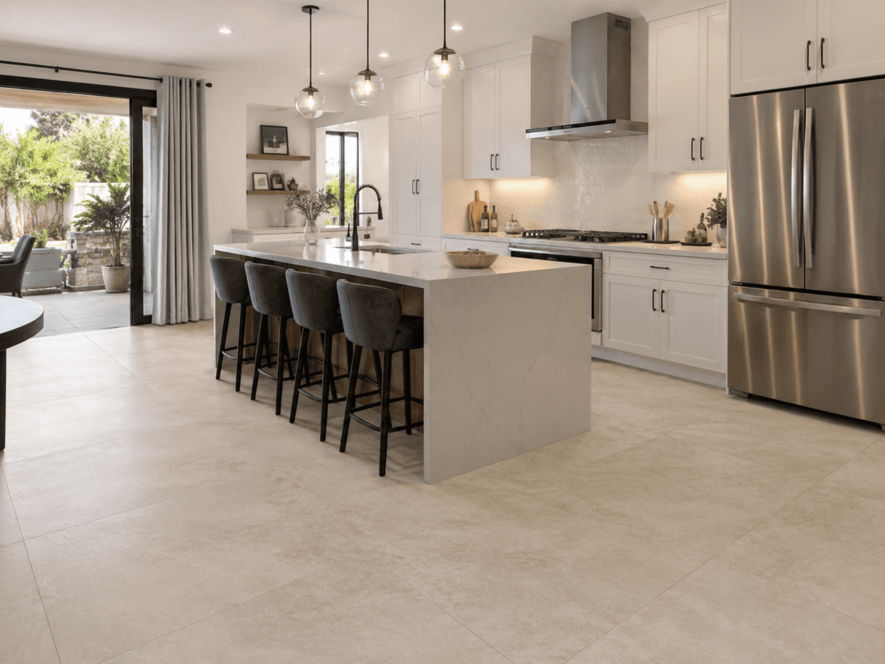 Cuisine moderne avec carrelage en porcelaine grand format, îlot central, finis lumineux et détails élégants.