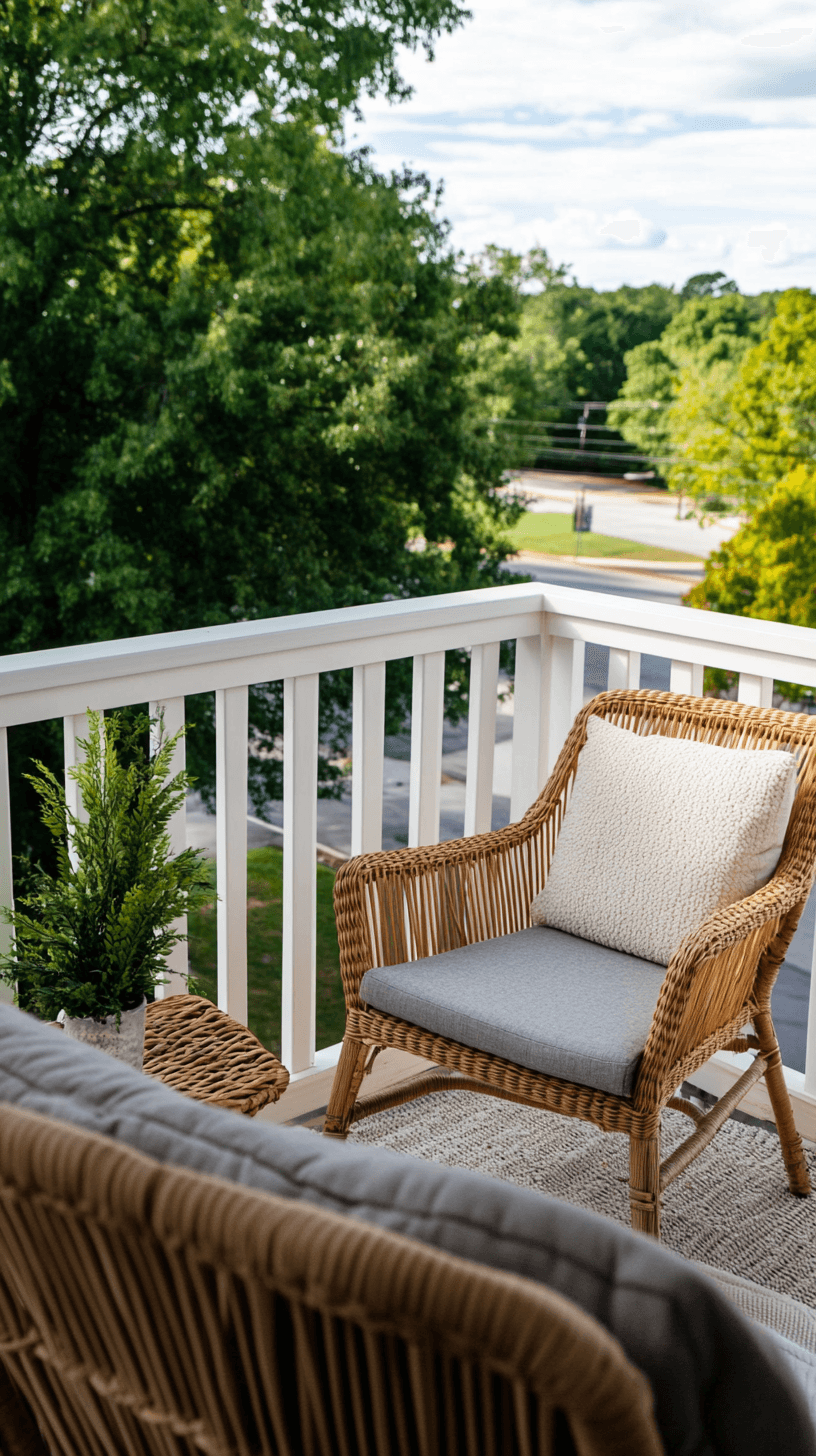 Balcon extérieur avec fauteuils en rotin, coussins gris et vue sur arbres verdoyants en milieu résidentiel