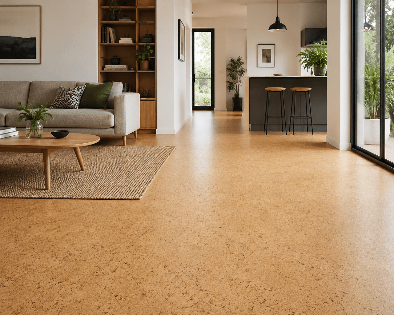 Salon et cuisine à aire ouverte avec plancher en liège naturel dans un intérieur moderne et lumineux