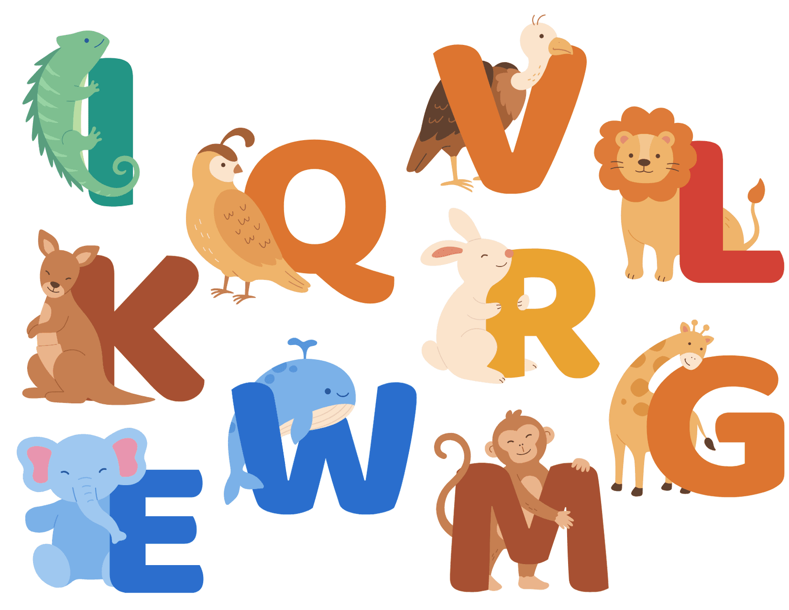 Illustrations colorées d’animaux et de lettres de l’alphabet, comprenant un iguane, un kangourou, une baleine, un éléphant et d’autres animaux associés à des lettres.