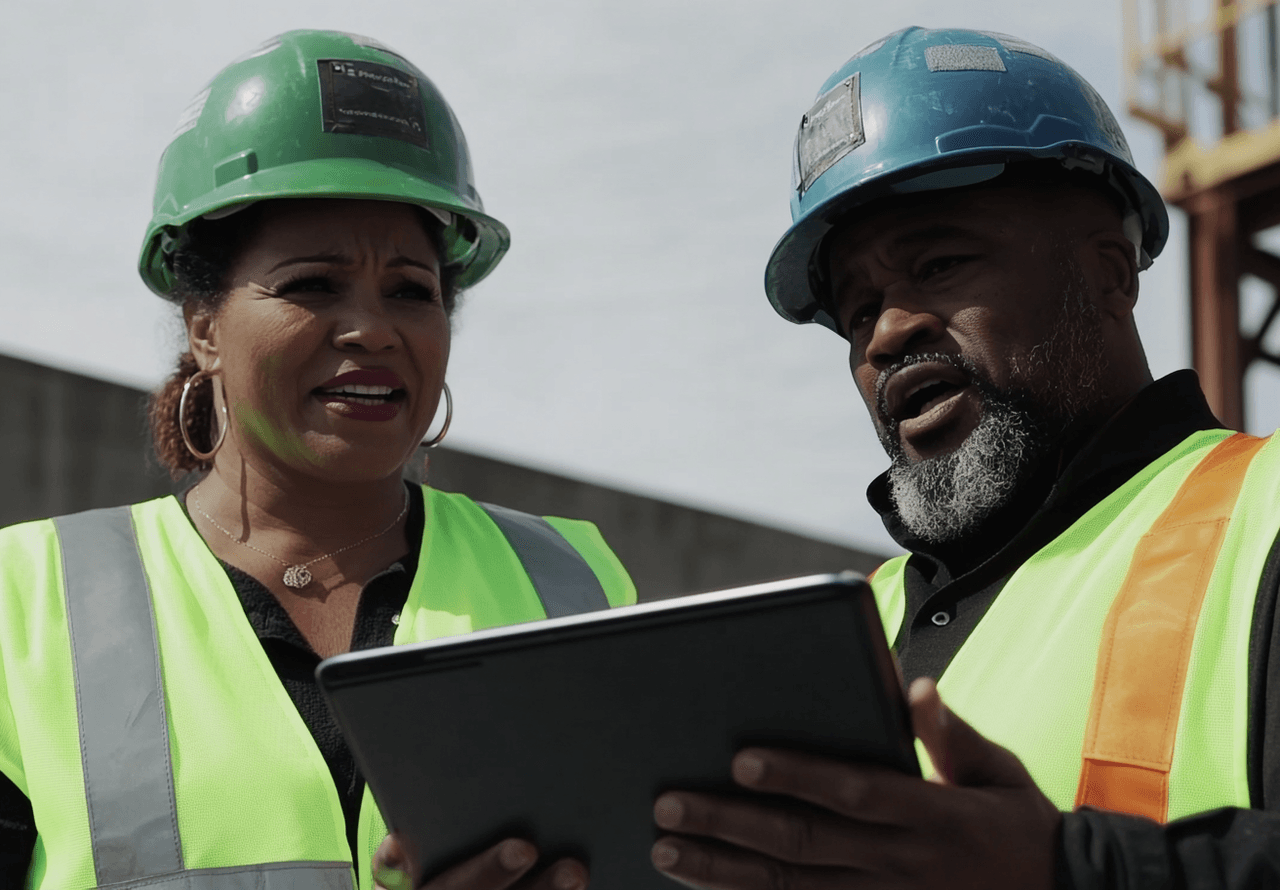 Deux superviseurs de chantier portant des casques et des gilets de sécurité, consultant une tablette sur un site de construction.