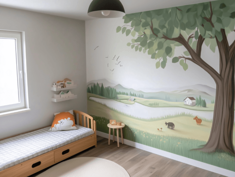 Chambre d’enfant avec une murale représentant un paysage de campagne, un lit en bois et une décoration minimaliste.