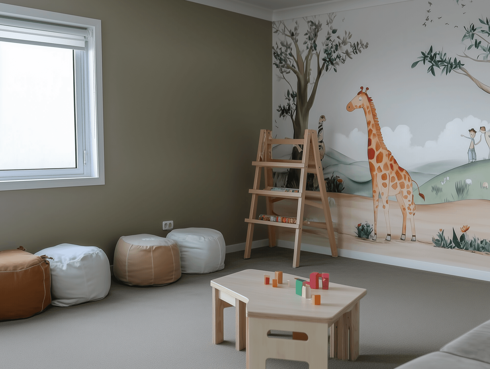 Chambre d’enfant décorée avec une murale représentant une girafe, des poufs et des jouets en bois posés sur une table.