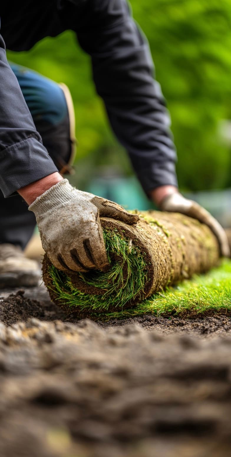 Pose de rouleaux de tourbe fraîche par un jardinier portant des gants, sur un sol préparé dans un espace vert