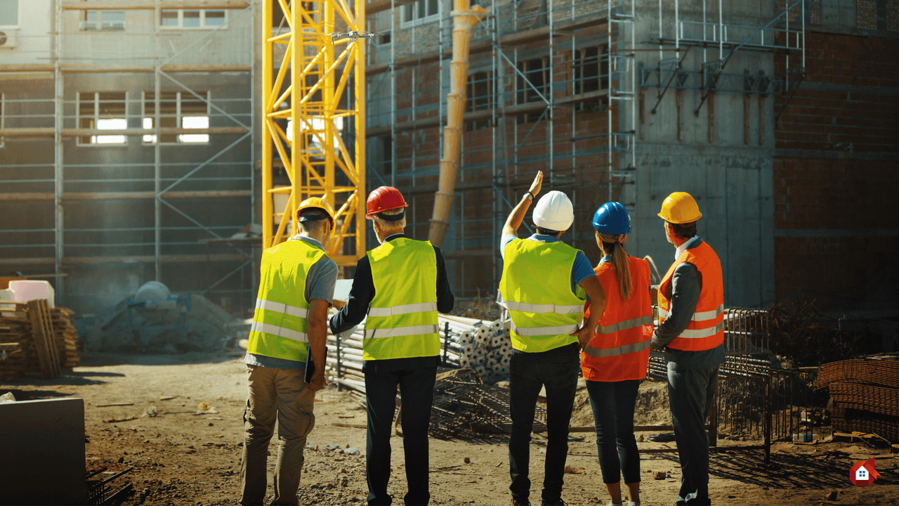 Vue de dos de cinq professionnels de la construction portant des casques de différentes couleurs et des gilets de sécurité, observant une grue jaune sur un chantier