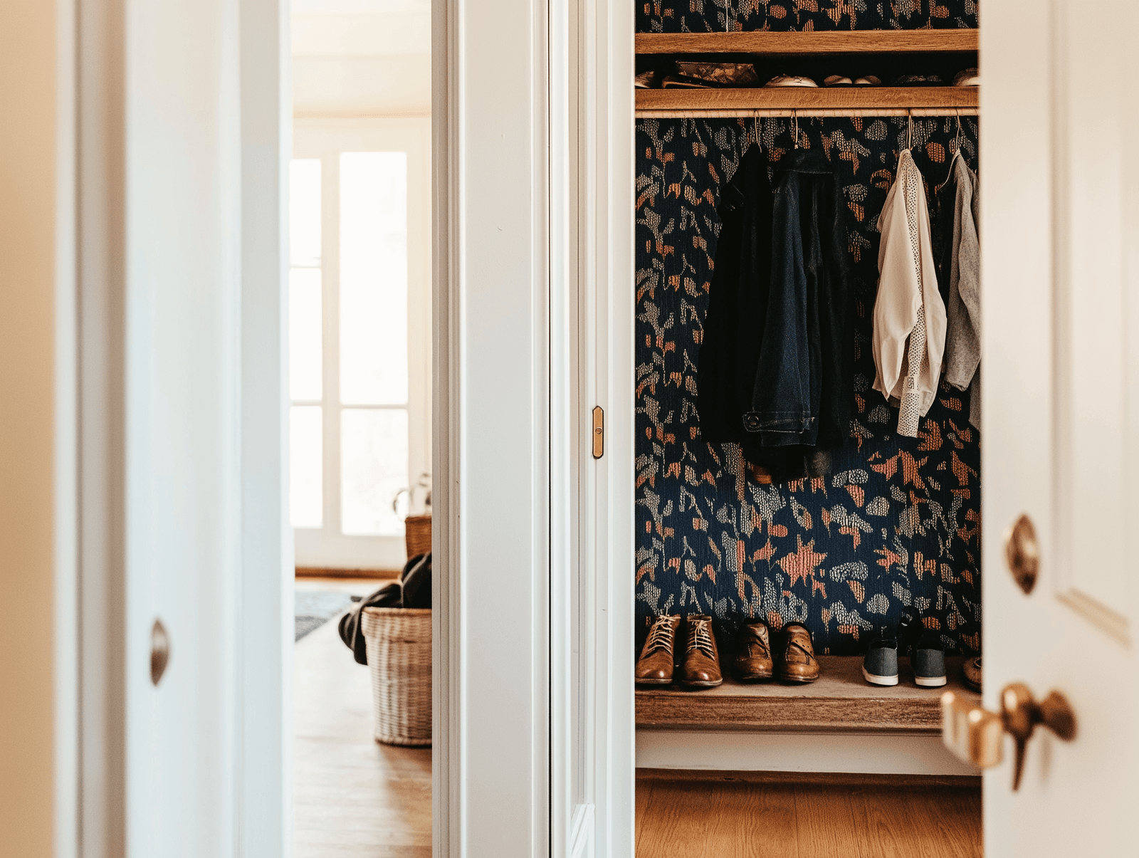 Placard ouvert avec fond tapissé de motifs colorés, vêtements suspendus et chaussures rangées sur une étagère en bois, dans un intérieur lumineux.