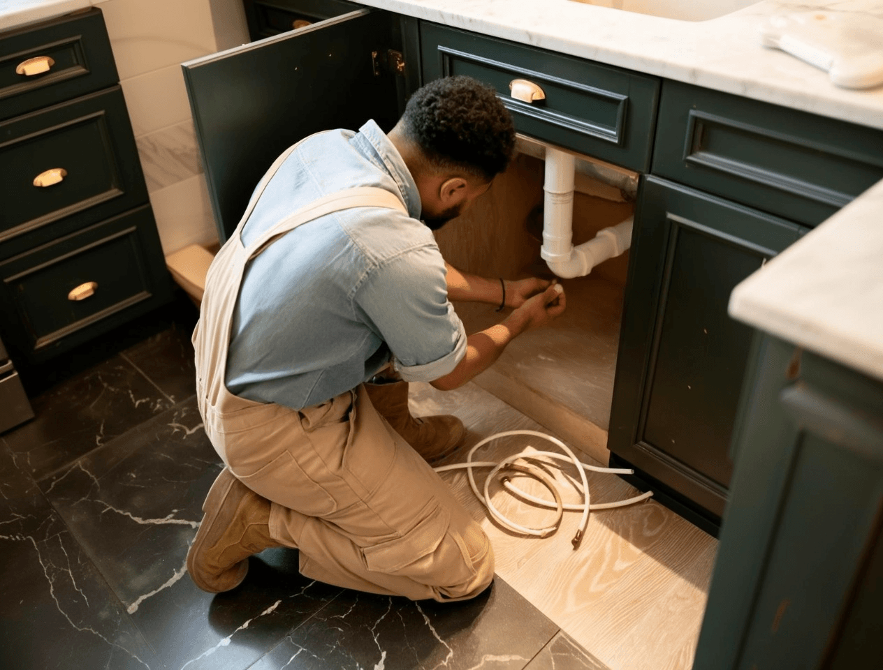 Plombier effectuant une réparation sous un évier de cuisine avec tuyauterie apparente