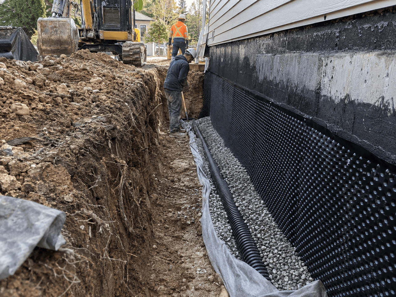 Travaux d’imperméabilisation de fondation avec membrane drainante noire, drain français en tuyau perforé, gravier et excavation autour d’une maison