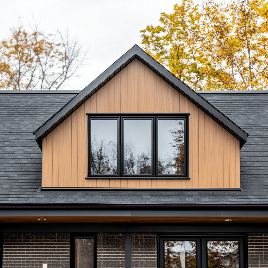 Façade de maison moderne avec lucarne en bois et grandes fenêtres noires sur toiture en pente