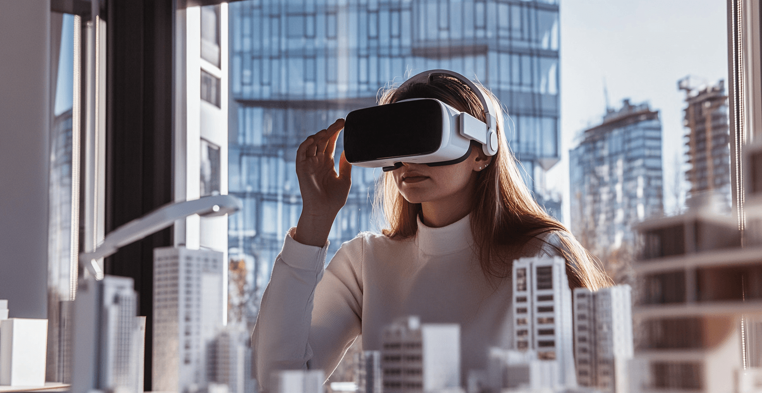  Architecte utilisant un casque de réalité virtuelle pour visualiser des maquettes de bâtiments urbains.