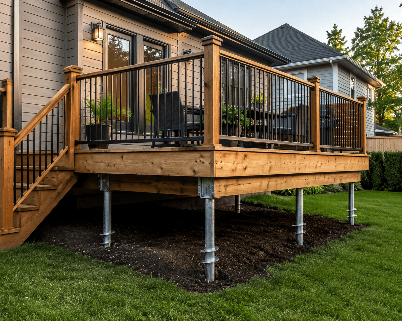Terrasse en bois sur pieux vissés avec garde-corps en aluminium noir, escalier intégré et structure surélevée pour une cour résidentielle