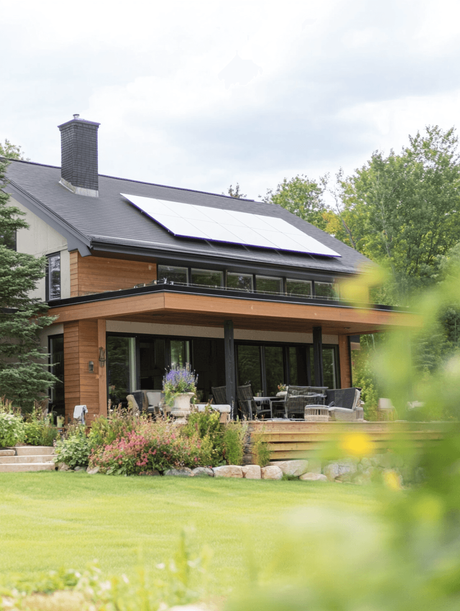 Maison contemporaine avec panneaux solaires sur la toiture, terrasse couverte en bois et aménagement paysager luxuriant