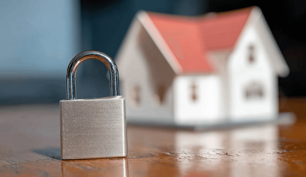 Gros plan d'un cadenas métallique argenté posé sur une table en bois avec une maison miniature floue à toit rouge en arrière-plan