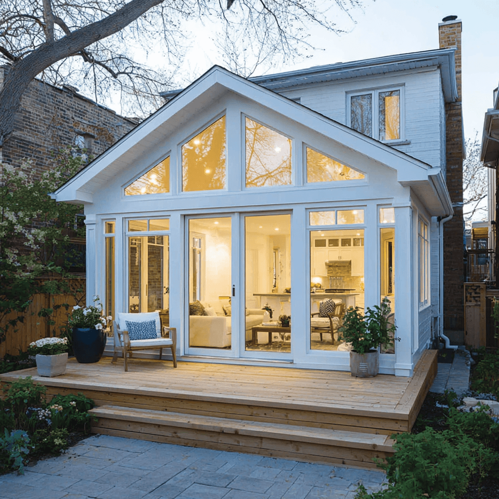 Agrandissement de maison lumineux avec grande façade vitrée, terrasse en bois, portes patio et aménagement paysager résidentiel