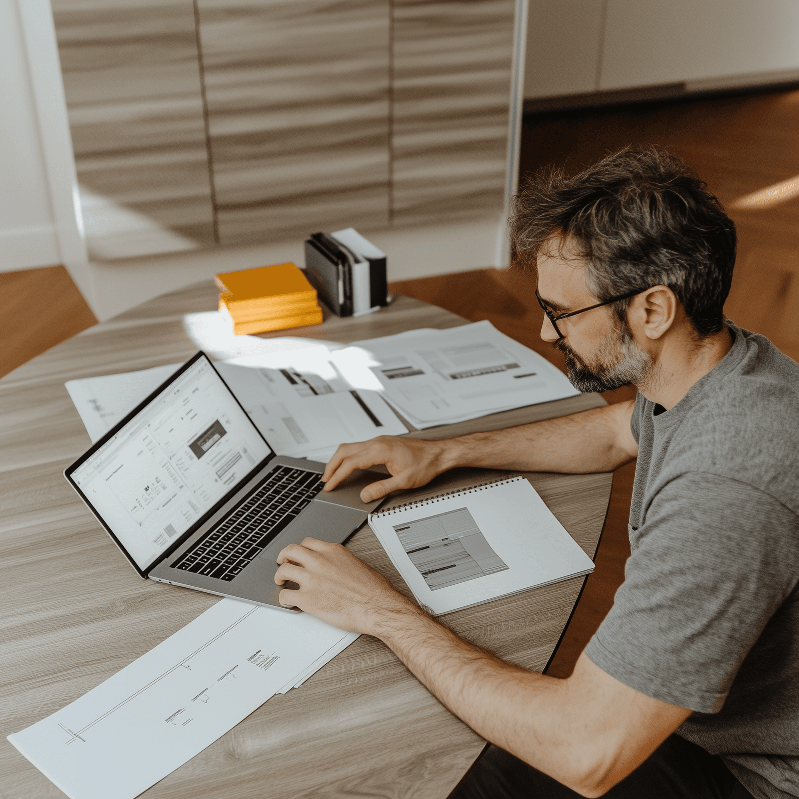 Homme travaillant sur un ordinateur portable avec des documents imprimés sur une table, dans un espace de bureau lumineux.
