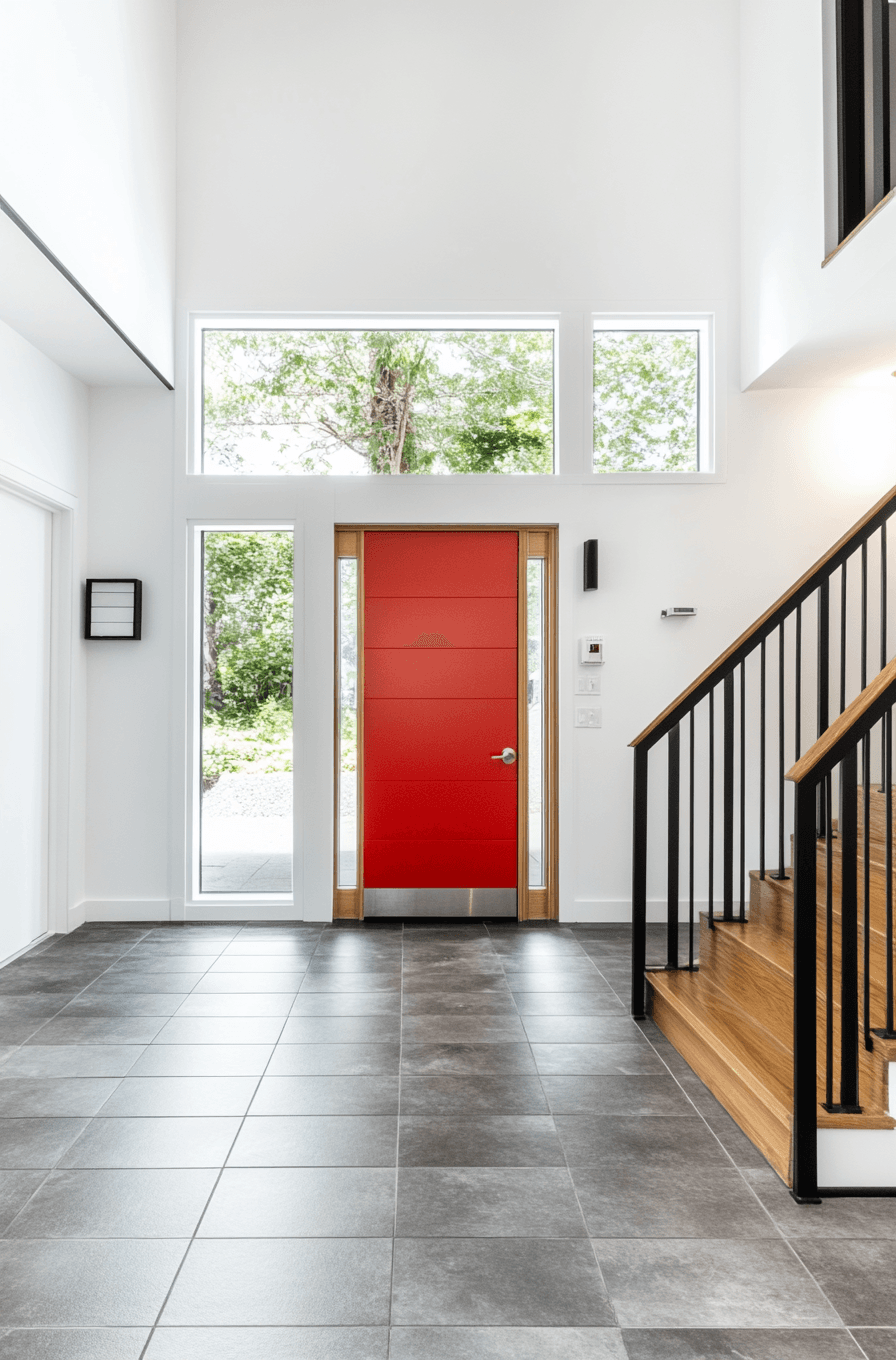 Hall d’entrée moderne avec porte rouge, escalier en bois, garde-corps noir et plancher en céramique grise