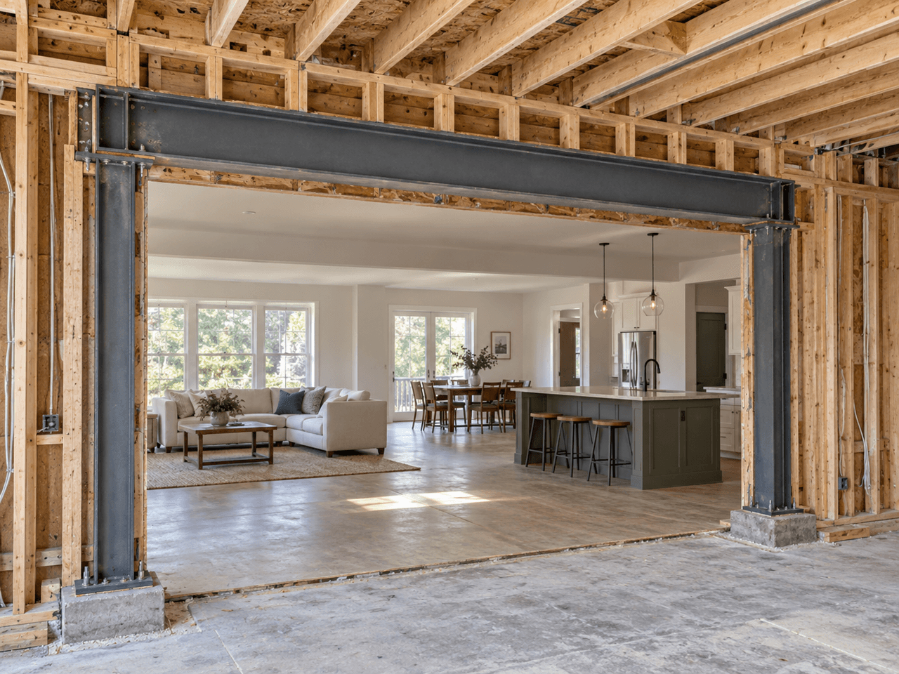 Ouverture structurale agrandie dans une maison en rénovation avec poutre et poteaux d’acier, charpente de bois apparente et aire ouverte donnant sur la cuisine et le salon