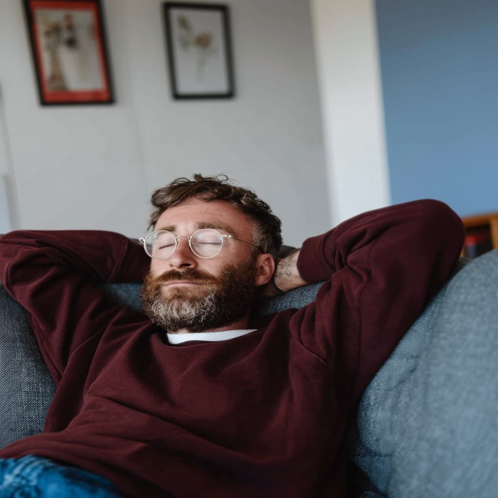 Homme relaxant sur un canapé dans un salon confortable avec les yeux fermés et les mains derrière la tête.