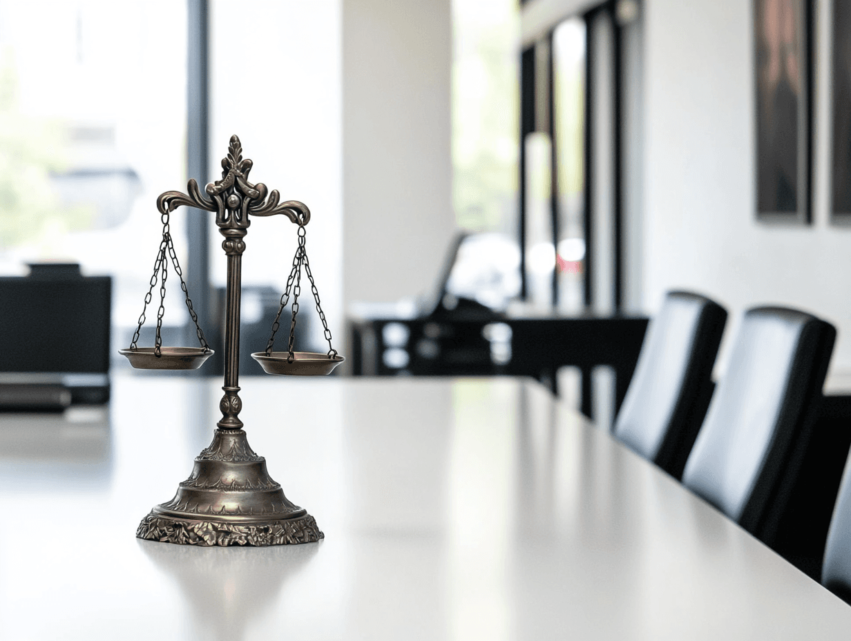 Balance de la justice en métal sur une table de salle de réunion moderne.