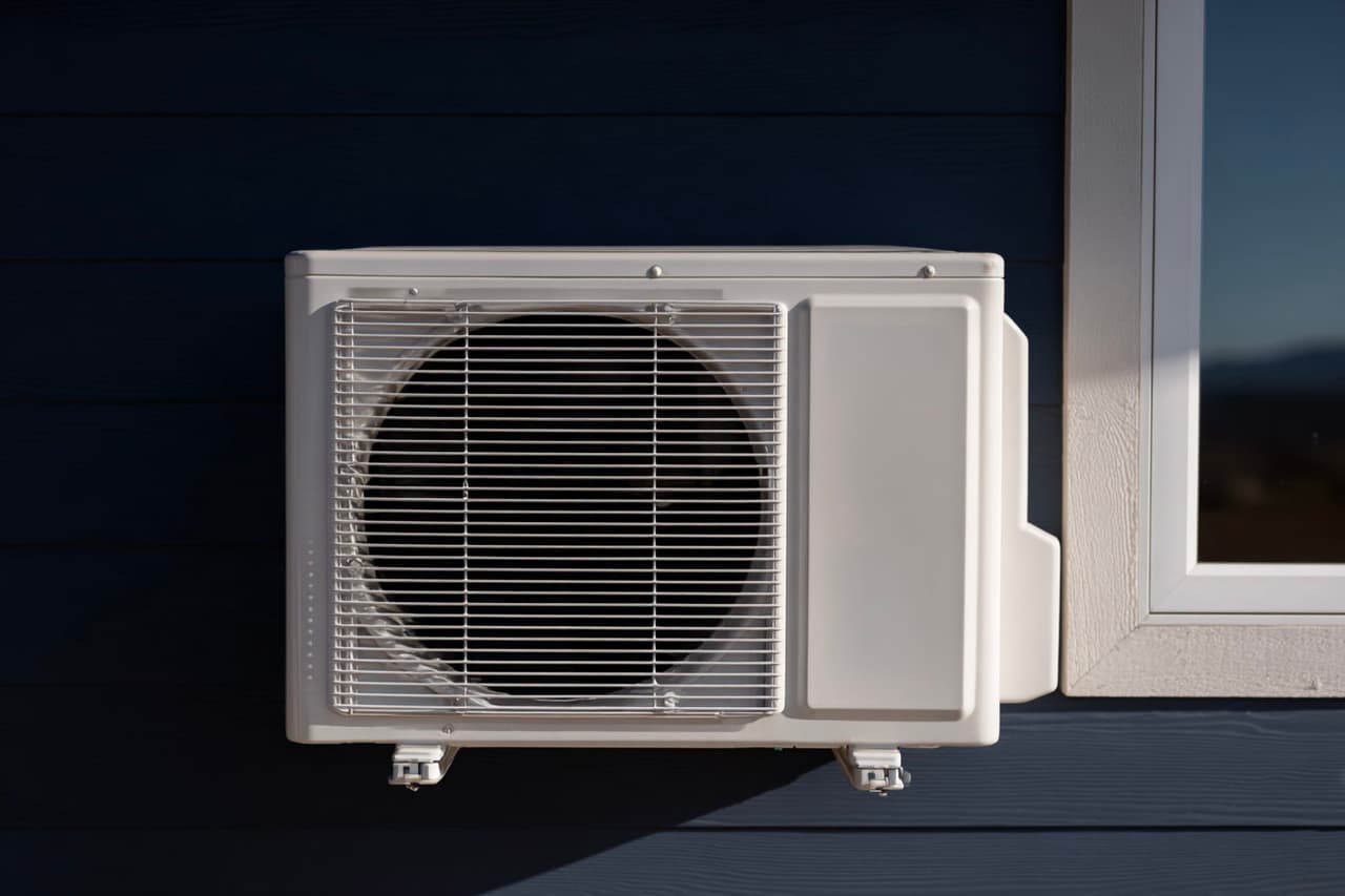 Unité extérieure de climatiseur thermopompe fixée au mur d’une maison, près d’une fenêtre, avec grille de ventilateur.