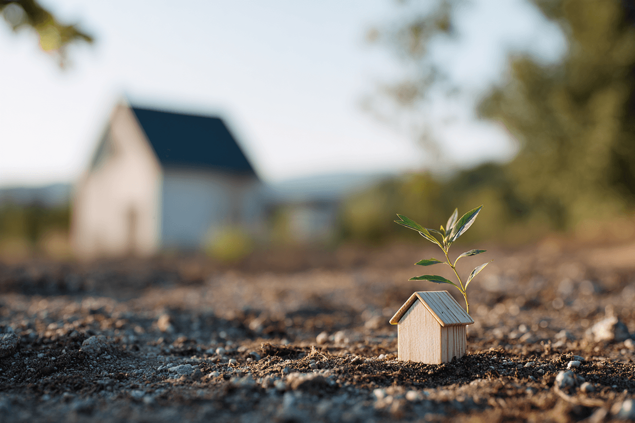 Petite maison en bois plantée dans un sol sec avec une pousse verte, symbolisant un projet immobilier écologique et durable