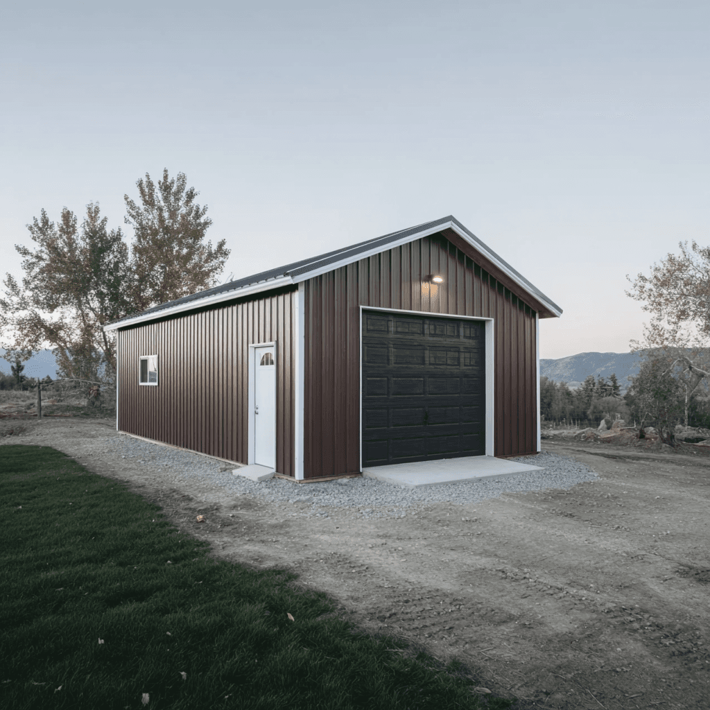 Garage moderne avec revêtement en acier nervuré brun et porte noire dans un environnement rural