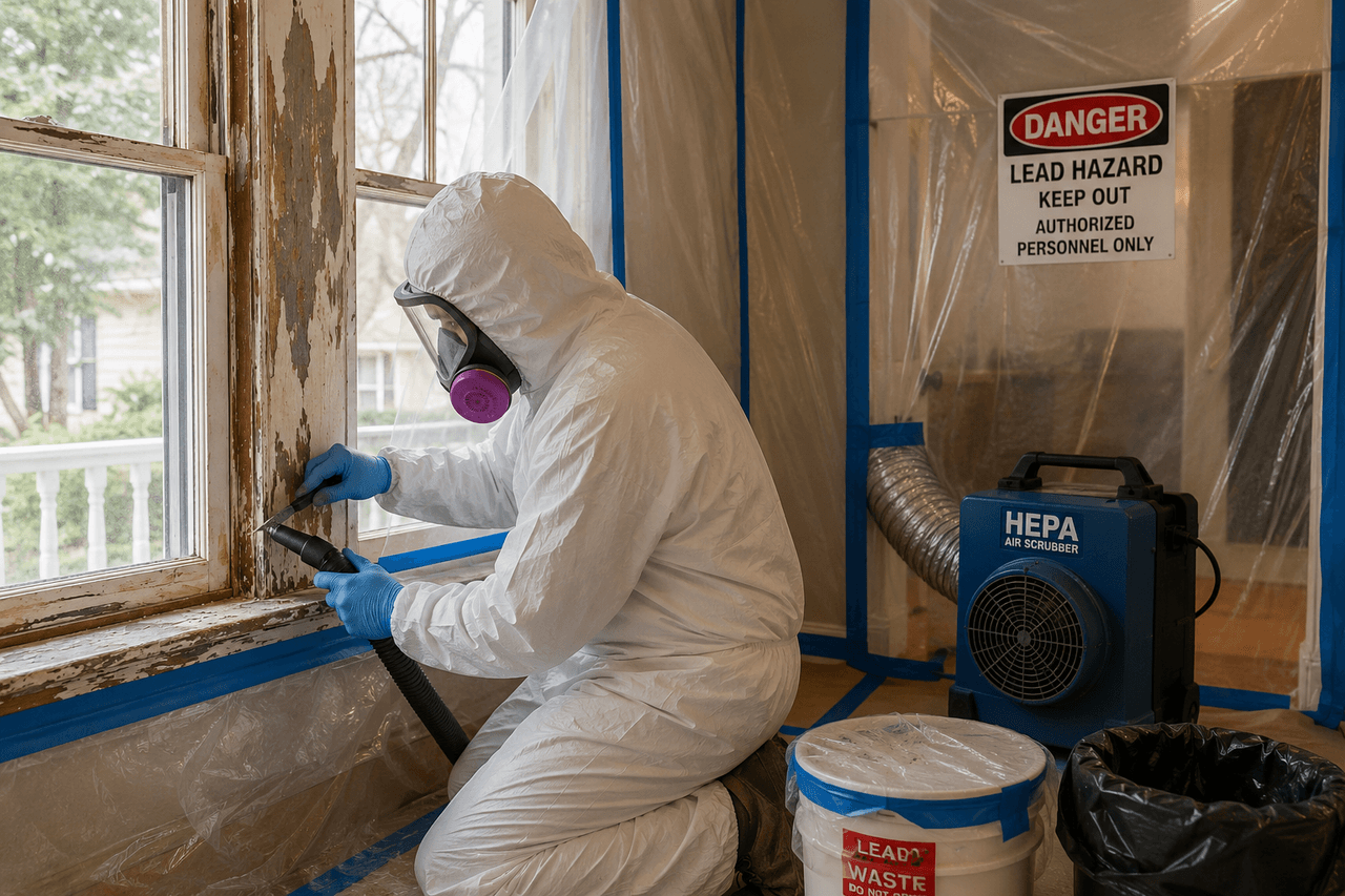Travailleur en combinaison de protection retirant de la peinture au plomb autour d’une fenêtre dans une zone confinée avec filtration HEPA et gestion sécurisée des déchets contaminés.