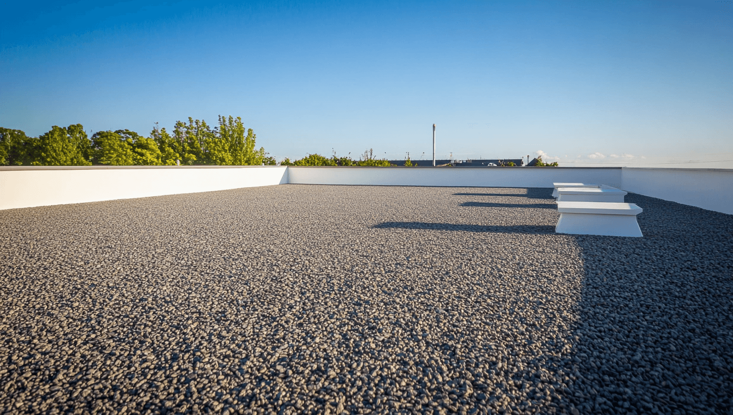 Toit plat recouvert de gravier avec puits de lumière blancs et murets périphériques, sous un ciel bleu clair en environnement urbain.