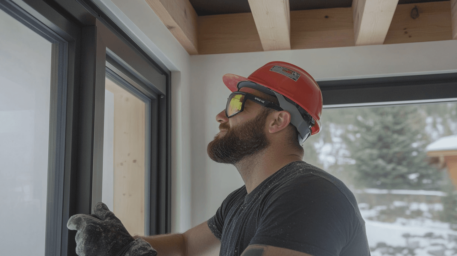 Ouvrier portant un casque rouge et des lunettes de protection installant une fenêtre dans une maison en construction.