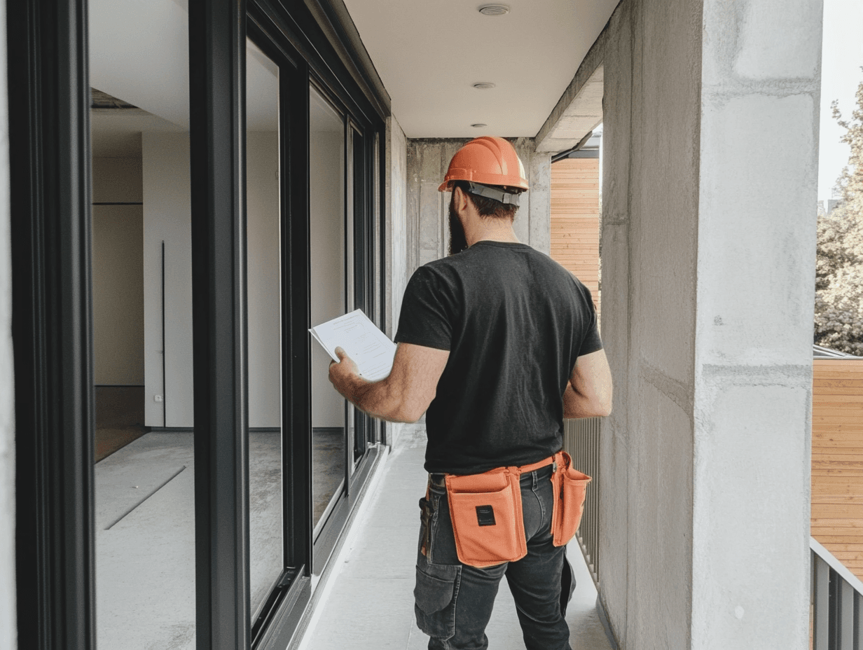 Inspecteur en bâtiment avec casque et trousse à outils examinant un chantier de construction moderne avec baies vitrées.