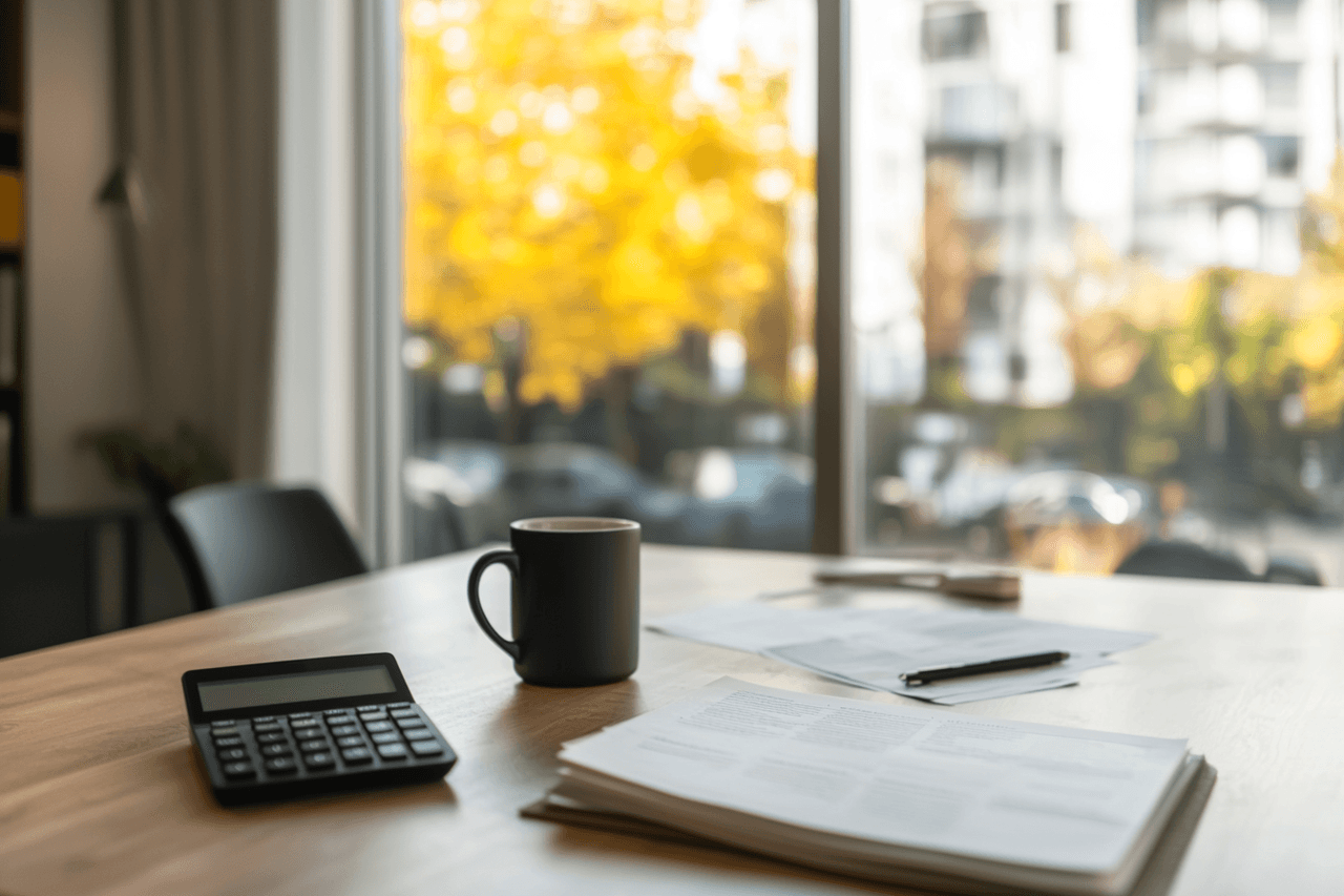 Bureau moderne avec tasse de café, documents et calculatrice sur une table en bois devant une grande fenêtre donnant sur des arbres en automne