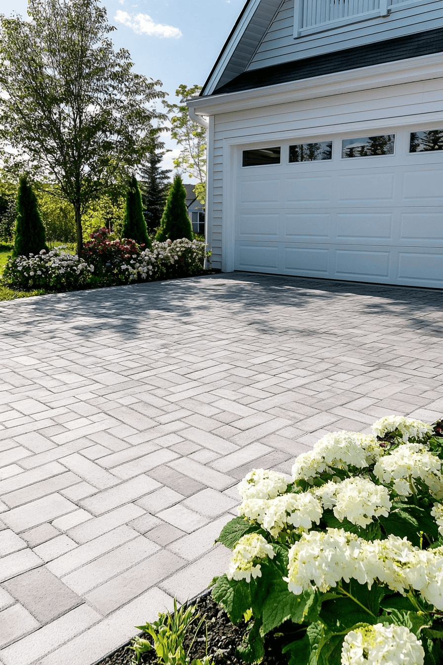 Entrée en pavé uni gris devant un garage résidentiel avec aménagement paysager fleuri et arbres matures