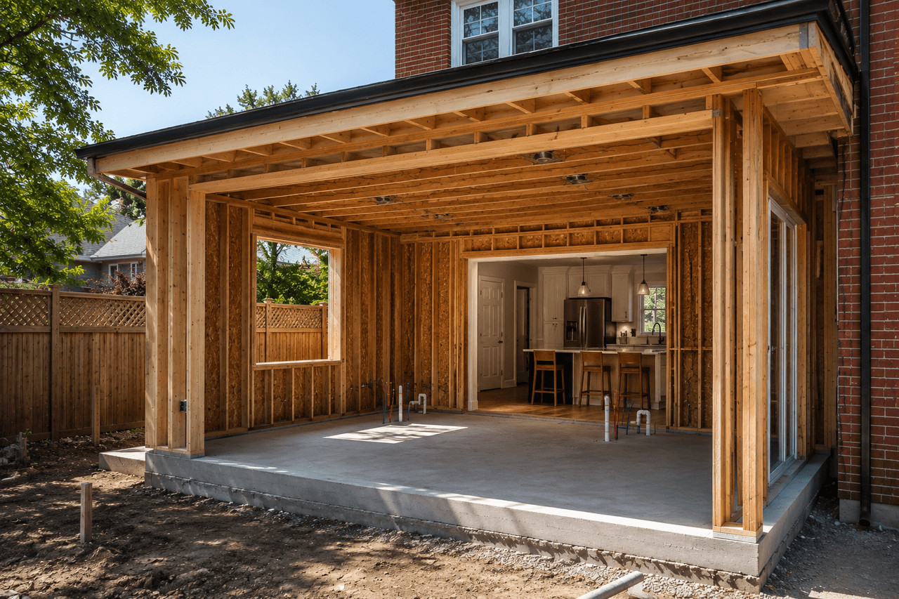 Agrandissement résidentiel en construction avec charpente en bois, dalle de béton, grandes ouvertures et connexion à une cuisine existante