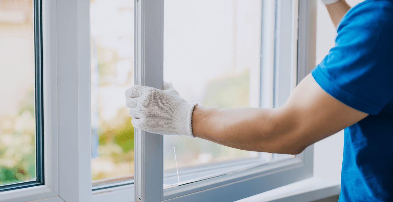Installation de fenêtre moderne en PVC par un professionnel avec gants, ajustement précis du cadre pour une isolation optimale.