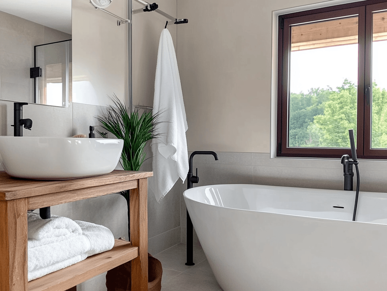 Salle de bain contemporaine avec baignoire autoportante, meuble-lavabo en bois, vasque blanche, robinetterie noire et grande fenêtre