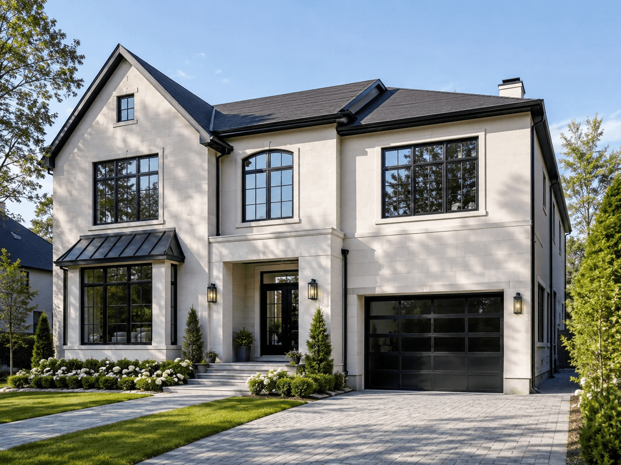 Maison de luxe contemporaine à deux étages avec façade en pierre claire, fenêtres noires, garage moderne, entrée élégante et aménagement paysager soigné