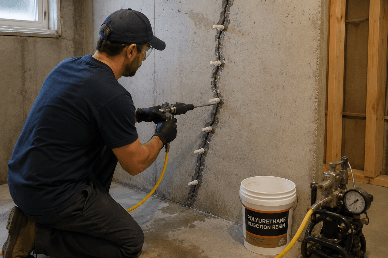 Réparation d’une fissure dans un mur de fondation en béton par injection de résine de polyuréthane à l’aide de ports et d’un équipement sous pression.
