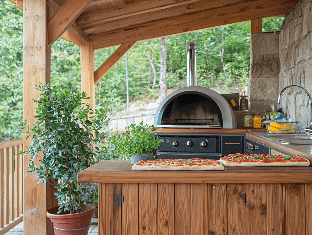 Cuisine extérieure en bois avec four à pizza, comptoir de préparation et pizzas artisanales sous une pergola