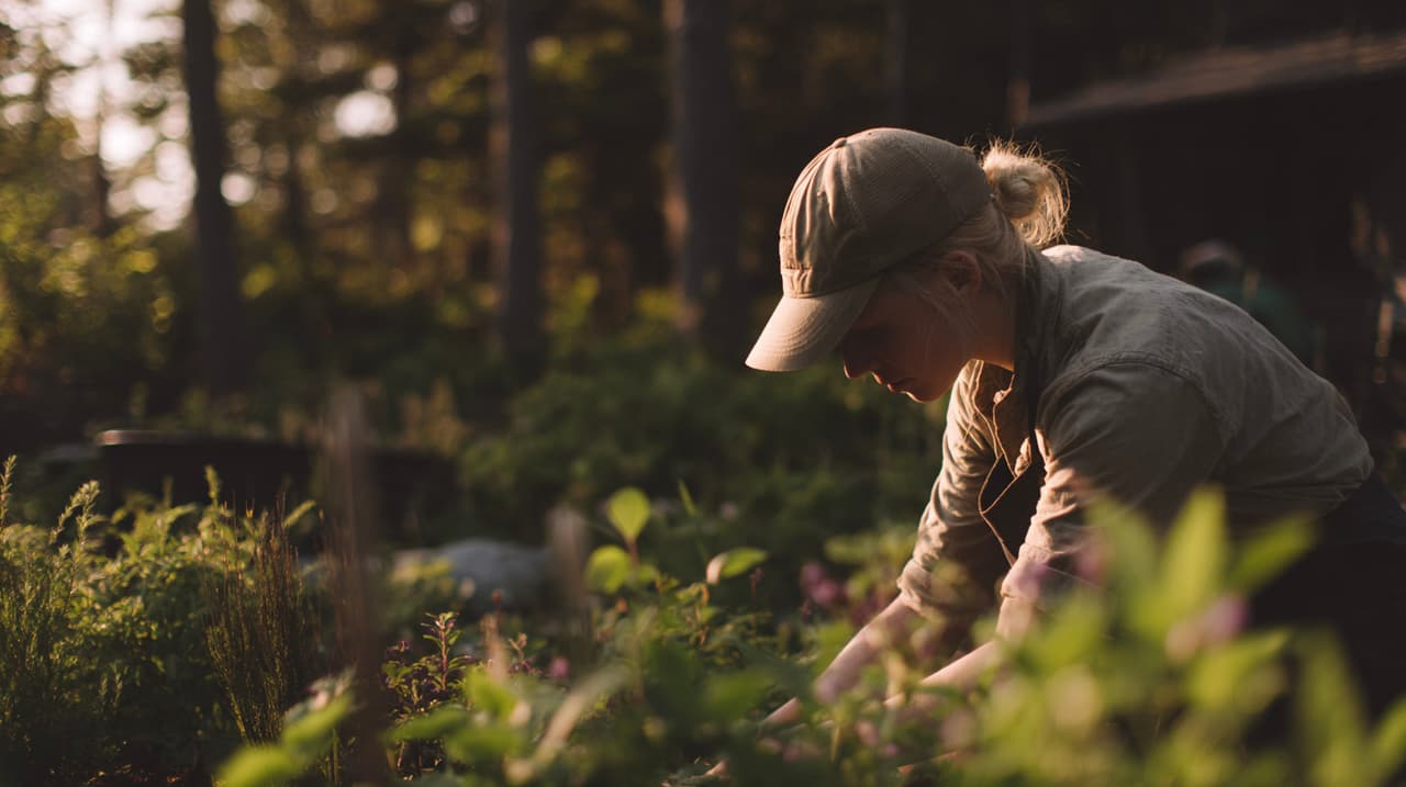 Jardinier plantant des plantes dans un jardin naturel en forêt au coucher du soleil.