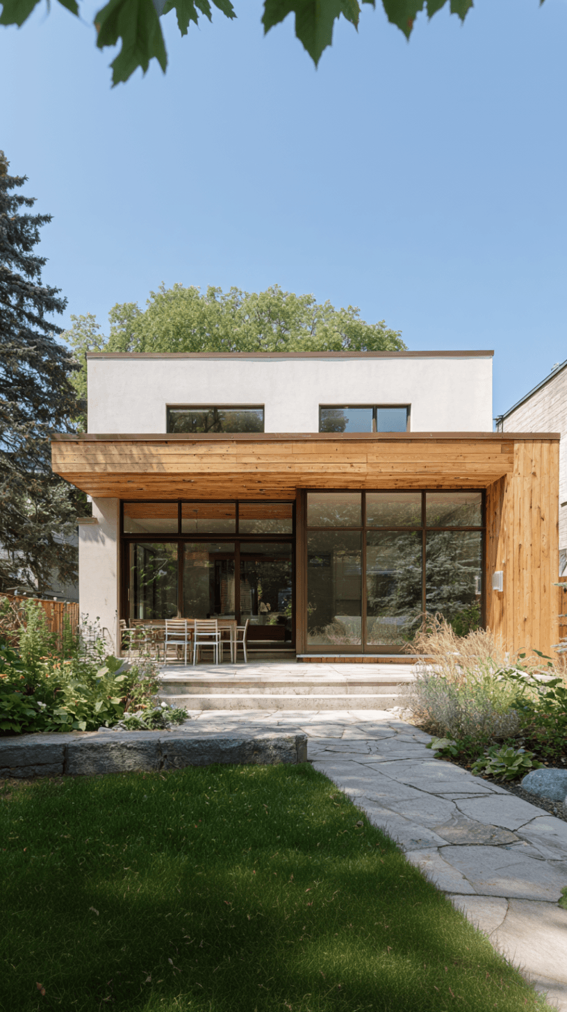 Maison contemporaine avec agrandissement en bois, grandes fenêtres, terrasse en pierre et aménagement paysager moderne
