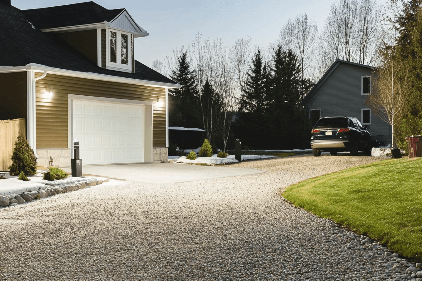 Maison en pierre avec allée en gravier beige, bordures en galets noirs et aménagement paysager avec fleurs et haies.