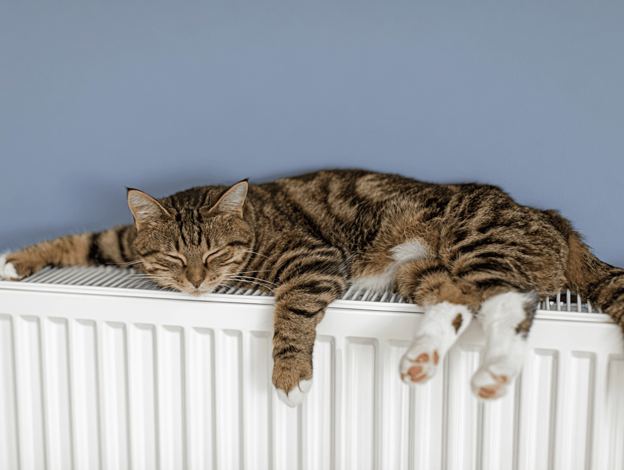 Chat tigré dormant confortablement sur un radiateur blanc dans une pièce résidentielle aux murs bleu clair