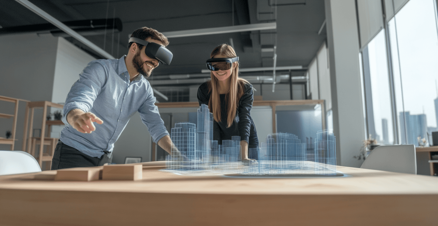Architectes utilisant la réalité virtuelle pour visualiser des maquettes numériques de bâtiments urbains.