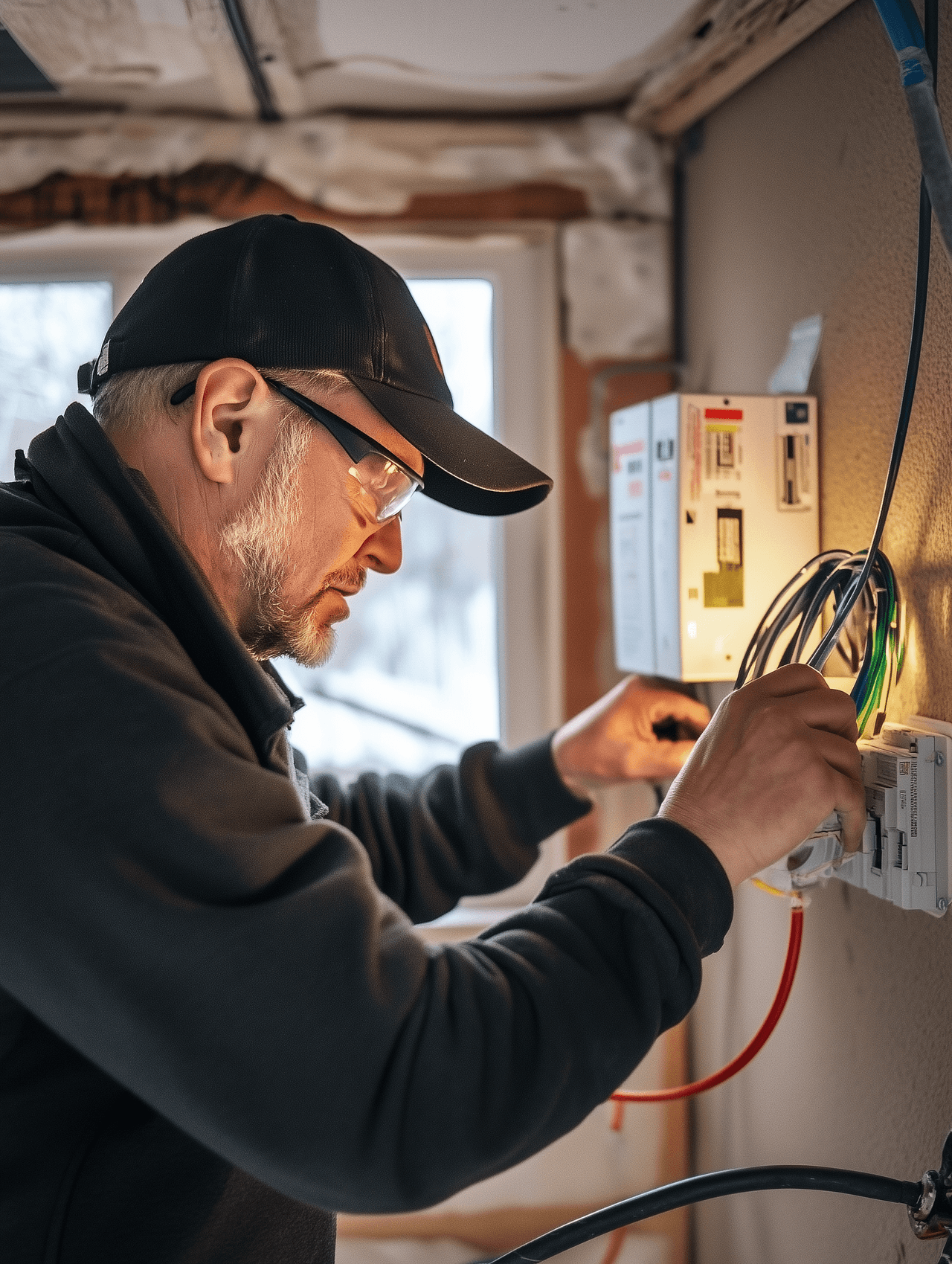 Électricien travaillant sur un panneau de câblage intérieur avec fils et outils de diagnostic