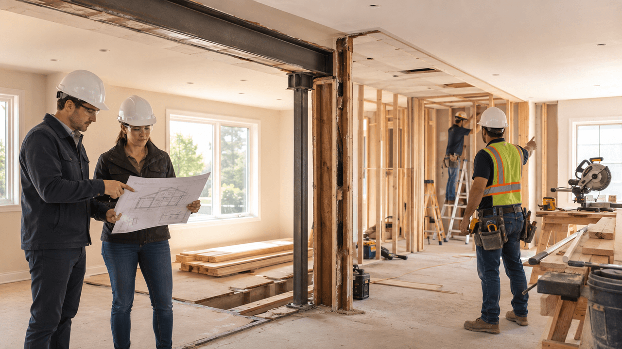 Équipe de professionnels de la construction examinant des plans dans une maison en rénovation intérieure avec charpente de bois apparente, poutres d’acier et ouvriers sur le chantier