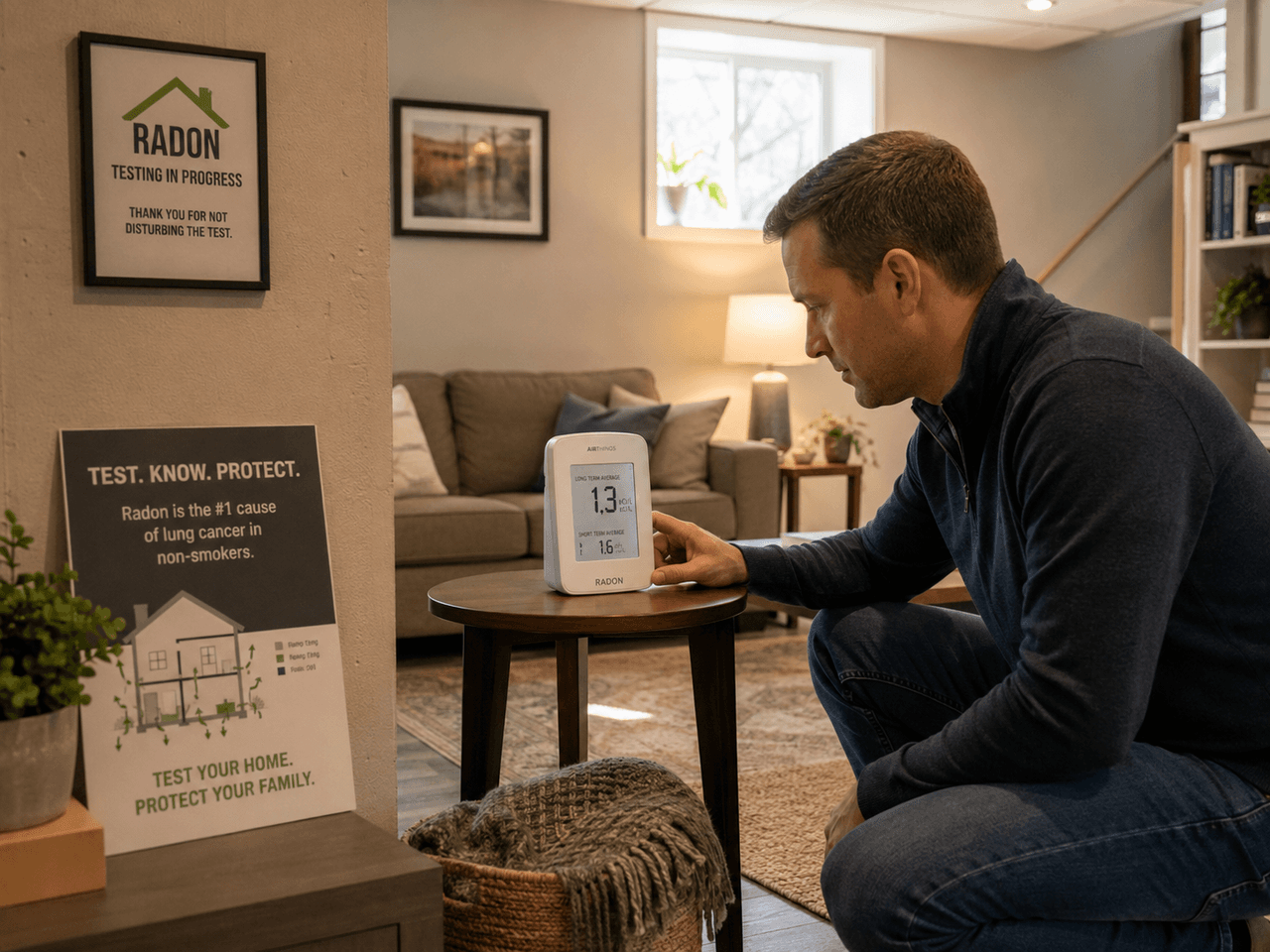 Homme vérifiant un moniteur de radon dans un sous-sol aménagé avec affiches de prévention, salon résidentiel et appareil de mesure de la qualité de l’air intérieur.