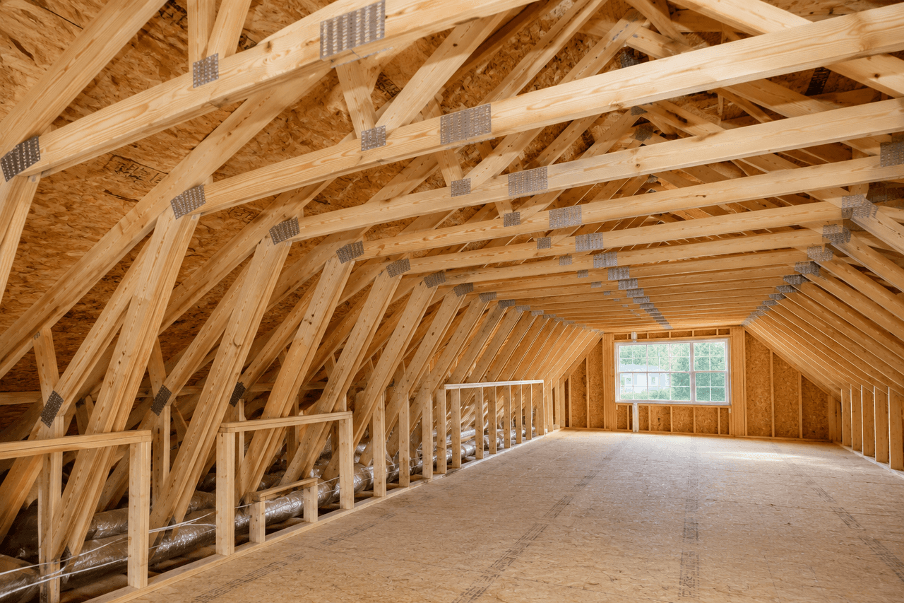 Charpente de toit en bois avec fermes préfabriquées, connecteurs métalliques et plancher de grenier non aménagé