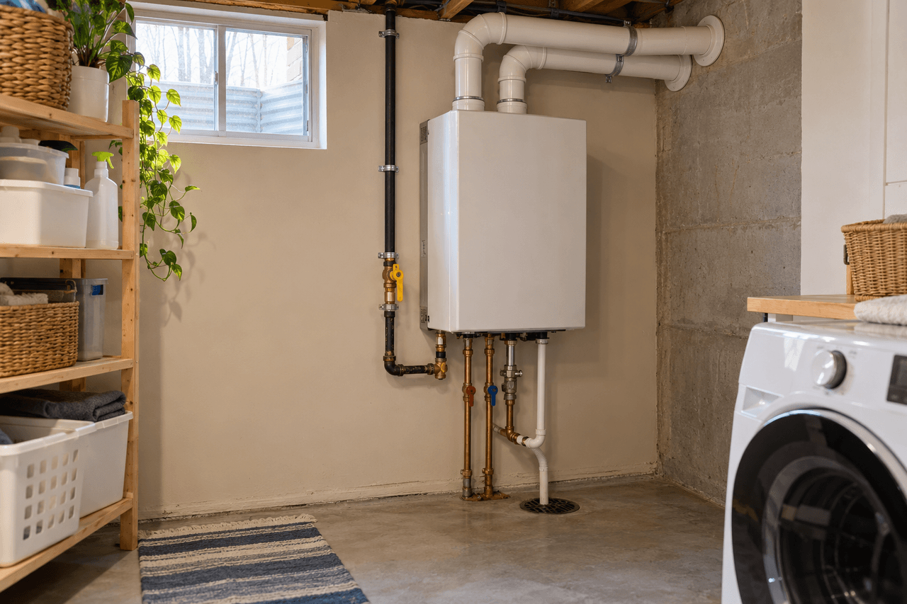 Installation d'un chauffe-eau mural au gaz avec tuyauterie en cuivre, conduits d'évacuation et raccordements de plomberie dans une salle de lavage située au sous-sol d'une maison.