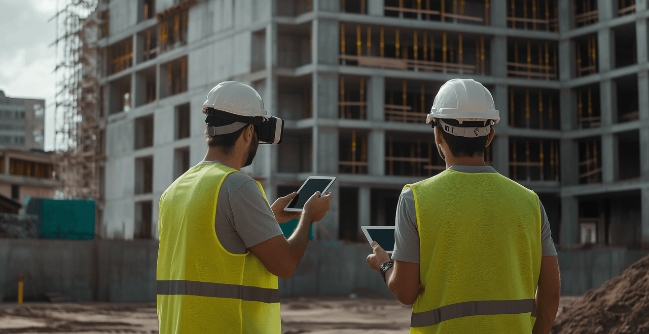 Ingénieurs en construction avec casques de sécurité et tablettes numériques sur un chantier de bâtiment en cours.